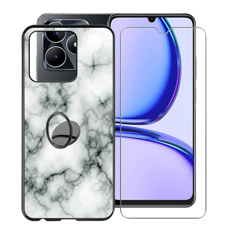 KJYFOANI Phone Case for Realme C53 (6.74"), [ 1 x Tempered Glass Protective Film], Shockproof Soft Bumper, with [360° Rotation Ring Kickstand] Protection Case for Realme C53 - Marble