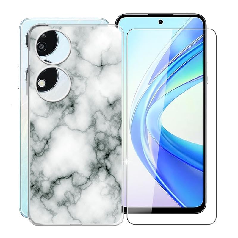 KJYFOANI Phone Case Honor X7b Case, with 1 x Tempered Glass Screen Protector, Anti-Scratch Shock-Proof Clear TPU Bumper Cover Ultra-Thin Case for Honor X7b (6.80") - Marble