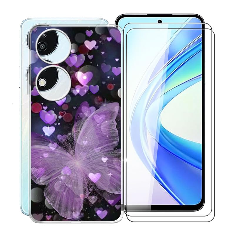 KJYFOANI Phone Case Honor X7b Case, with 2 x Tempered Glass Screen Protector, Anti-Scratch Shock-Proof Clear Soft TPU Bumper Cover Ultra-Thin Case for Honor X7b (6.80") - XV16