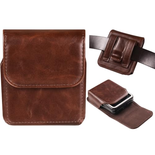 Leather Cell Phone Holster Case for Samsung Galaxy Z Flip 5, Z Flip 4, Z Flip 3, Z Flip 5G / Motorola Razr+ 2023, Razr 5G, 2022 2019 Moto Razr Plus, Magnetic Pouch Holder with Belt Clip Loop (Coffee)