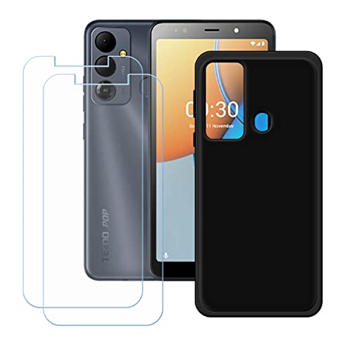 LMLQSZ Black Cover for Tecno Pop 6 Go + [2 Pack] HD Tempered Glass, Silicone Shell TPU Bumper Protective Back Case - Scratch Screen Protector for Tecno Pop 6 Go (6,0")