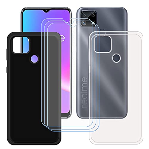 LMLQSZ Black + Transparent Cover for Realme C25S + [3 Pack] HD Tempered Glass, Silicone Shell TPU Protective Back Case - Scratch Screen Protector for Realme C25S (6,5")