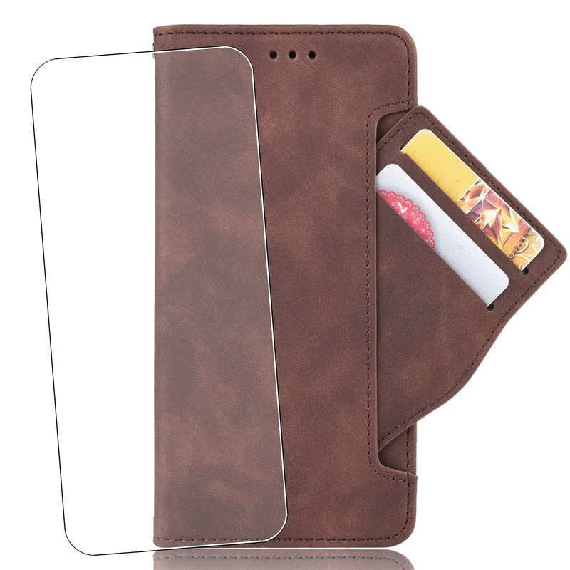 MAOUICI Compatible con funda tipo cartera para Honor Play 8T (6,80 pulgadas), funda tipo cartera, funda protectora de piel + 1 película templada, color marrón