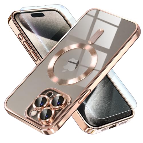 Misea Magnetic for iPhone 15 Pro Max Case with MagSafe [Never Yellowing] [Military Grade Drop Protection] Full Camera Lens Protector Plating Soft Clear Phone Case for Women Girls, Gold