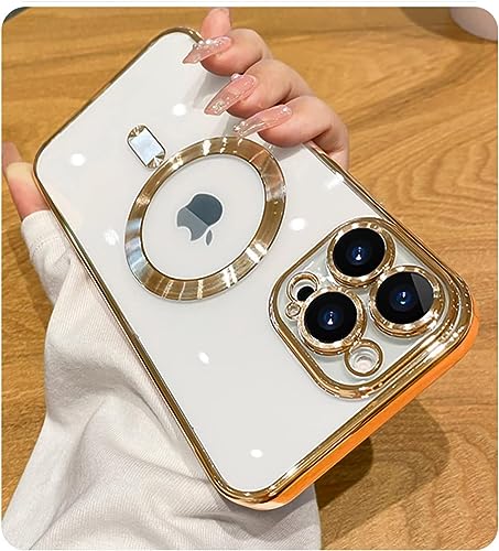 Misscase for iPhone 15 Pro Max MagSafe Case with Camera Lens Protector,Full Protection Clear Magnetic Case Compatible with MagSafe Elegant Anti-Scratch Case Cover for iPhone 15 Pro Max Gold