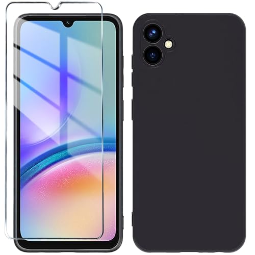 Mocotto for Samsung Galaxy A05 Case with Tempered Glass Screen Protector,Slim Soft Liquid Silicone Full Covered Camera Protective Case,Soft Fibres Lining Shock Protection for Galaxy A05 (Black)