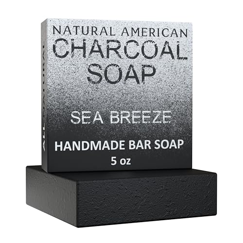 NATURAL AMERICAN CHARCOAL Black Soap – Meeresbrise-Duft – Alle natürlichen Seifen, Aktivkohle, ätherische Öle, Bio-Sheabutter, keine schädlichen Chemikalien – Hergestellt in den USA, 5 oz Stück Seife