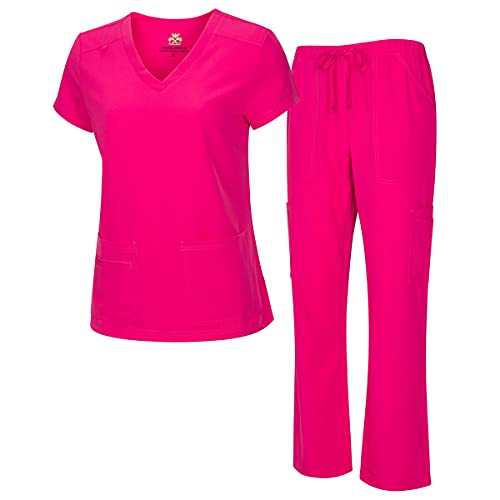 Natural Uniforms Ensemble haut extensible à col en V et pantalon cargo pour femme (rose vif, XX-Large)
