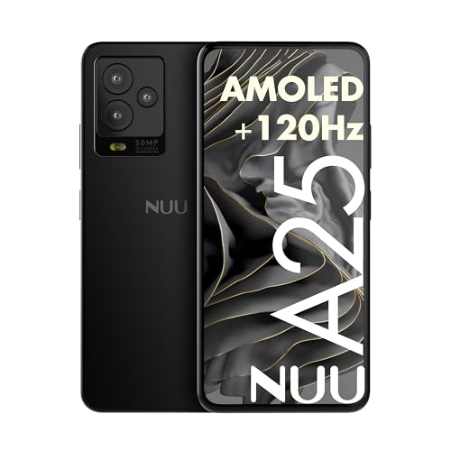 NUU A25 Unlocked Phone AMOLED 120Hz 6.7", Compatible with At&t, Tmobile, Mint, Cricket, Metro Pcs, Gaming Phones, Octa-Core Helio G99 6nm, Dual SIM 4G, 6GB + 128GB, 50MP Camera, Black, US Hotline