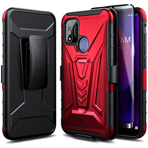 NZND Case for Coolpad SUVA with Tempered Glass Screen Protector (Maximum Coverage), Belt Clip Holster with Built-in Kickstand, Heavy Duty Protective Phone Case for Coolpad SUVA (Boost Mobile) (Red)