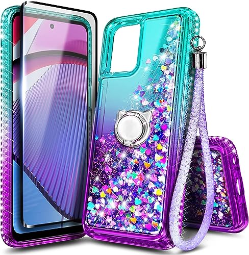 NZND Case for Motorola Moto G Power 5G (2023) with Tempered Glass Screen Protector, Ring Holder/Wrist Strap, Glitter Liquid Floating Waterfall Girls Cute Phone Case (Aqua/Purple)