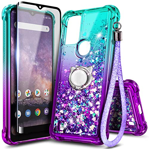 NZND Case for Wiko Voix with Tempered Glass Screen Protector (Maximum Coverage), Ring Holder/Wrist Strap, Glitter Liquid Floating Waterfall Durable Cute Phone Case (Aqua/Purple)