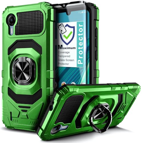 NZND Compatible with Cricket Debut S2 / At&t Calypso 4 Case with Tempered Glass Screen Protector (Maximum Coverage), Full-Body Protective Magnetic Car Ring Holder [Military-Grade] Case (Green)