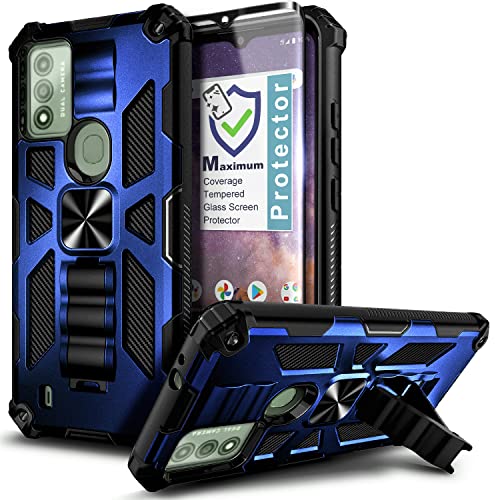 NZND Compatible with Wiko Voix Case with Tempered Glass Screen Protector (Maximum Coverage), Full-Body Protective [Military-Grade] Built-in Kickstand Heavy-Duty Case (Blue)
