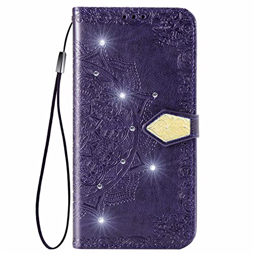 ONV Phone Case for Oppo Reno 7Z - Mandala Flower Shinny Leather Flip Wallet Case Folio Case Magnet Card Slot Kickstand + Hand Strap Cover for Oppo Reno 7Z / Reno 7 Lite 5G / Reno 8Z [LXZ] -Purple
