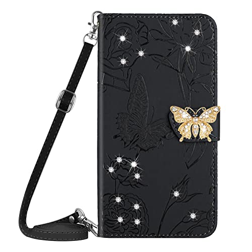 ONV Wallet Case for Oppo A78 5G - 1.5M Crossbody String Luxry Diamond Flower Flip Leather Case + Card Slot Kickstand Cover for Oppo A78 5G [Butterfly] -Black