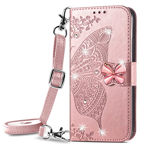ONV Wallet Case for Oppo Reno 7 5G -1.5M Adjustable Strap Emboss Butterfly Flip Phone Case Card Slot Magnet Leather Shell Flip Stand Cover for Oppo Reno 7 5G / Oppo Find X5 Lite [ZS] -Rosegold