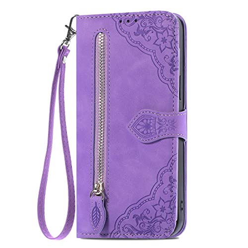 ONV Wallet Case for VIVO Y100 - with Zipper Wrist Strap Emboss Flower Flip Phone Case Card Slot Magnet Leather Shell Flip Stand Cover for VIVO Y100[SZY] -Purple