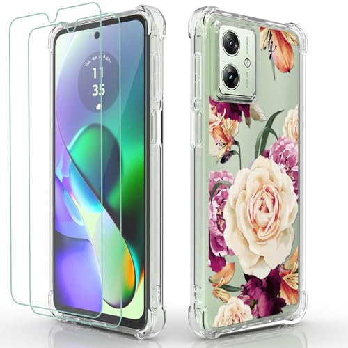 Osophter for Motorola Moto G54 Case: Women Girls Flower Floral with Screen Protector Shock-Absorption Flexible TPU Rubber Phone Cover(Purple Flower)