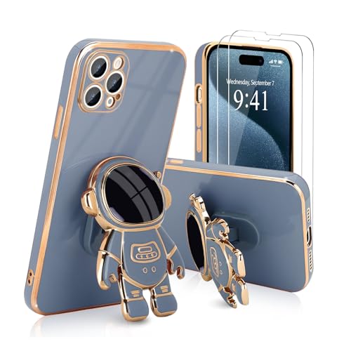 Pepmune for iPhone 15 Pro Max Case, Cute 3D Astronaut Stand with [2 Screen Protector] [Camera Protection] Kickstand Shockproof Silicone Soft Cover for Apple iPhone 15 Pro Max Phone Case, Blue