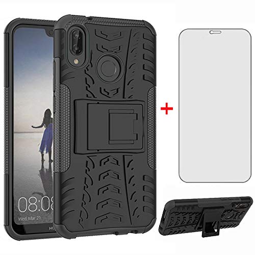 Phone Case for Huawei P20 Lite with Tempered Glass Screen Protector Cover and Stand Kickstand Hard Rugged Hybrid Protective Cell Accessories TPU Huwai P20lite P 20 Haweii Nova 3E Cases Men Women Black