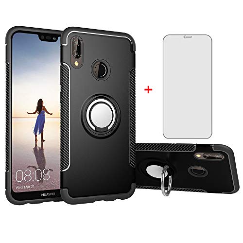 Phone Case for Huawei P20 Lite with Tempered Glass Screen Protector Cover and Magnetic Stand Ring Holder Slim Hybrid Hard Cell Accessories Kickstand Huwai P20lite P 20 Haweii Nova 3E Cases Men Black