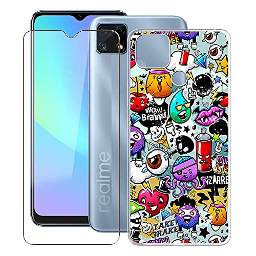 Phone Case for Realme C25s (6.5"), with [1 x Tempered Glass Protective Film], KJYF Clear Soft TPU Shell Ultra-Thin [Anti-Scratch] [Anti-Yellow] Case for Realme C25s - Cartoon