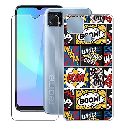Phone Case for Realme C25s (6.5"), with [1 x Tempered Glass Protective Film], KJYF Clear Soft TPU Shell Ultra-Thin [Anti-Scratch] [Anti-Yellow] Case for Realme C25s - Happy