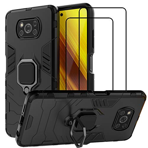 QCMM for Xiaomi Poco X3 NFC/Poco X3 Pro Kickstand Case with Tempered Glass Screen Protector [2 Pieces], Hybrid Heavy Duty Armor Dual Layer Anti-Scratch Case Cover, Black