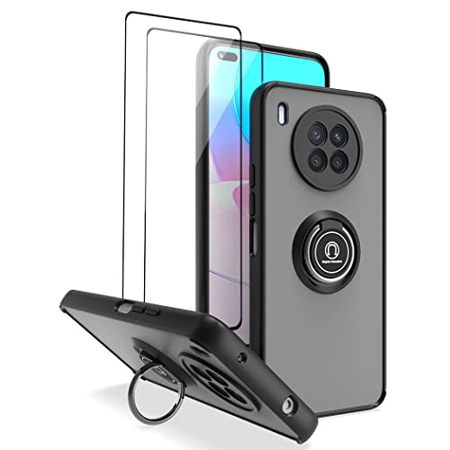 QUIETIP Case Compatible Honor 50 Lite,Case for Huawei Nova 8i,TPU + Hard PC Shockproof Magnetic Ring Car Mount Holder Bumper Cover with 2 Pack Tempered Glass Screen Protector,Black