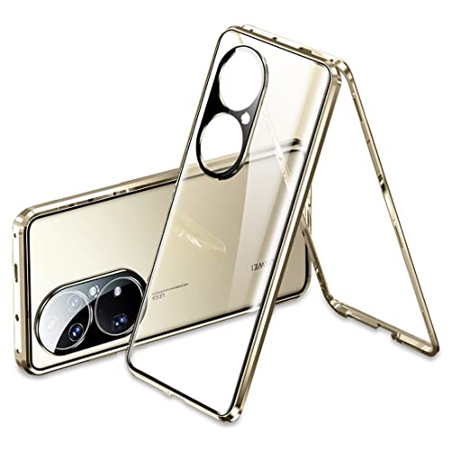 QUIETIP Case Compatible with Huawei P50 Pro,Magnetic Thin Body Metal Frame Double Sided Clear Tempered Glass Shockproof with Camera Protection Cover,Gold
