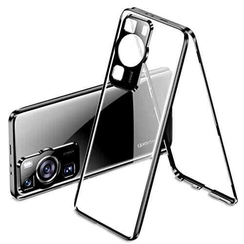 QUIETIP Case for Huawei P60 Pro,Magnetic Body Metal Frame Double Sided Clear Tempered Glass Shockproof with Camera Protection Cover Thin,Black