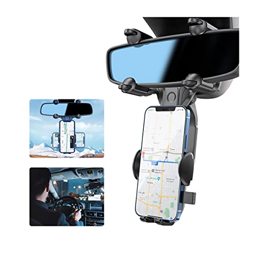 Rearview Mirror Phone Holder for Car, New Upgraded Car Cell Phone Holder, 360 Rotatable and Adjustable Anti-Shake Car Phone Holder Mount for iPhone 14 13 Pro Max, Most Mobile Phones & Vehicles