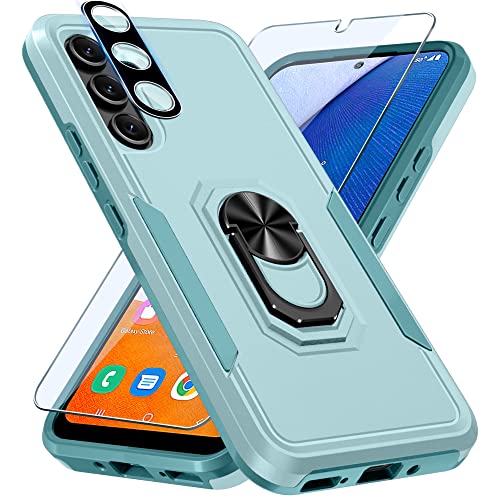 Samsung Galaxy A54 5G Case with 1 Pcs Screen Protector+1 Pcs Camera Lens Cover,Heavy Duty Shockproof Full Body Protective Phone Cover Built in Finger Ring Stable Holder Kickstand,2023 Mint Green