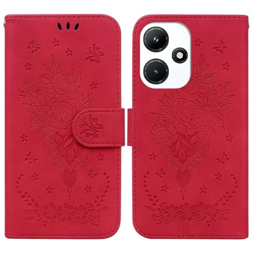 SATURCASE Case for Infinix Hot 30i, Rose Flower PU Leather Flip Dual Magnet Wallet Stand Card Slots Hand Strap Protective Cover for Infinix Hot 30i (Red)