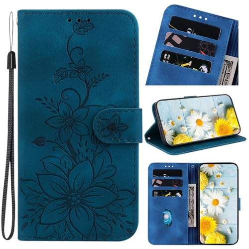 SATURCASE Case for Oppo Reno 9 Pro, Lily PU Leather Flip Dual Magnet Wallet Stand Card Slots Hand Strap Protective Cover for Oppo Reno 9 Pro (BH-Blue)