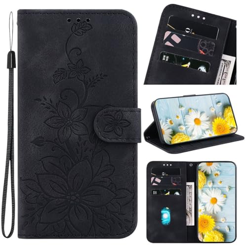 SATURCASE Case for Oppo Reno 9 Pro Plus, Lily PU Leather Flip Dual Magnet Wallet Stand Card Slots Hand Strap Protective Cover for Oppo Reno 9 Pro Plus (BH-Black)