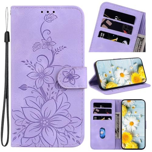 SATURCASE Case for Tecno Camon 20 Pro 5G, Lily PU Leather Flip Dual Magnet Wallet Stand Card Slots Hand Strap Protective Cover for Tecno Camon 20 Pro 5G (BH-Purple)