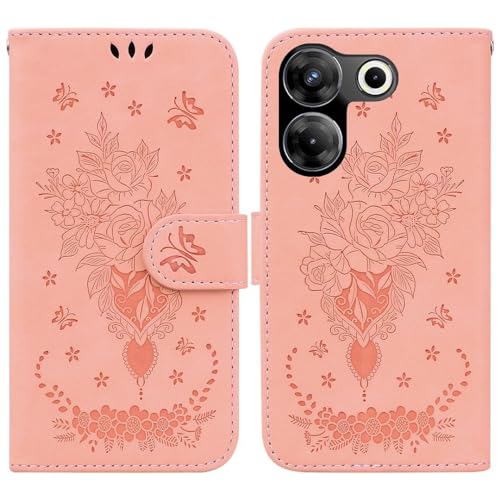 SATURCASE Case for Tecno Camon 20 Pro 5G, Rose Flower PU Leather Flip Dual Magnet Wallet Stand Card Slots Hand Strap Protective Cover for Tecno Camon 20 Pro 5G (Pink)