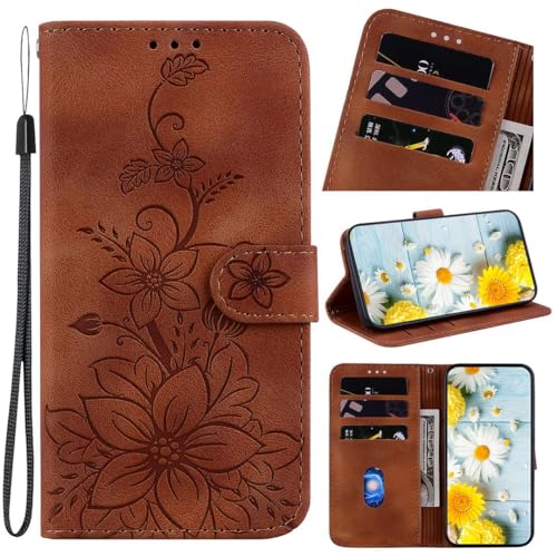 SATURCASE Case for Tecno Camon 20/20 Pro 4G, Lily PU Leather Flip Dual Magnet Wallet Stand Card Slots Hand Strap Protective Cover for Tecno Camon 20/20 Pro 4G (BH-Brown)