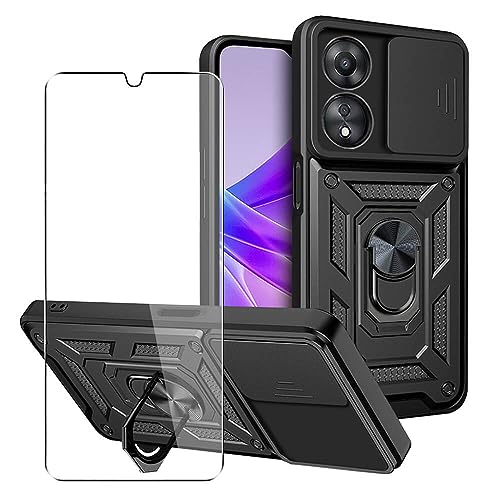 SDTEK Case Compatible with Oppo A58 / A78 5G, Phone Cover with Camera Lens Protection, Stand, Magnetic Ring Holder and Glass Screen Protector (Black)
