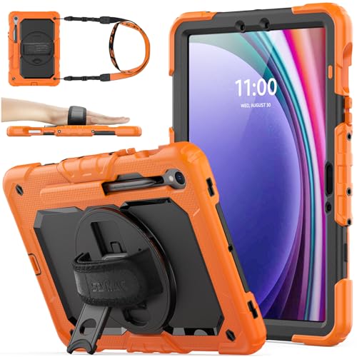 SEYMAC stock Case for Samsung Galaxy Tab S9/ S9 FE 5G Tablet 2023 with Screen Protector Pencil Holder [360 Rotating Hand Strap] &Stand, Drop-Proof Case for Galaxy Tab S9 FE 10.9''/ S9 11'', Orange