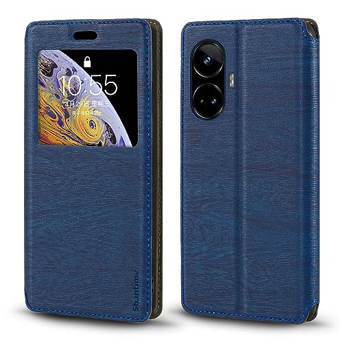 Shantime for Oppo Realme GT Neo 6 Case, Wood Grain Leather Case with Card Holder and Window, Magnetic Flip Cover for Oppo Realme GT5 5G (6.74”) Blue
