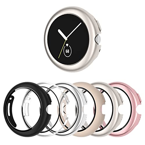 shenou Case for Google Pixel Watch 2 (2023 New)/ Google Pixel Watch, [6-Pack] Hard PC Shockproof Bumper Cover with Tempered Glass Screen Protector for Google Pixel Watch 2/ Pixel Watch 1