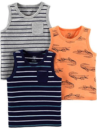 Simple Joys by Carter's Toddler Boys' Tank Tops, Pack of 3, Grey Stripe/Light Orange Alligator/Navy Double Stripe, 2T