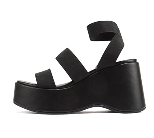 Soda “CONEY” ~ Women Open Square Toe Platform Flatform Double Elastic Band Ankle Strap Wedge Sandal (Black Elastic, us_footwear_size_system, adult, women, numeric, medium, numeric_8)