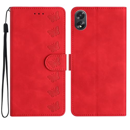 SUPWALL Designed for Oppo A38/A18 Wallet Case, Embossed Butterfly Premium PU Leather [Kickstand] [Card Slots] [Wrist Strap] Shockproof Phone Cover, Red
