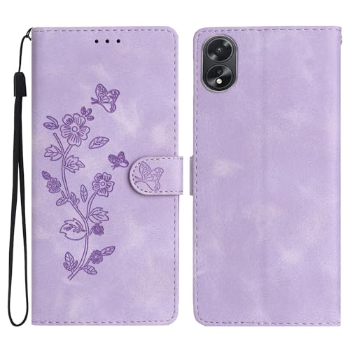 SUPWALL Flip Case Compatible with Oppo A38/A18 |Embossed Flower Butterfly Premium PU Leather Wallet Case | [Kickstand] [Card Slots] [Wrist Strap] Shockproof Phone Cover | Purple