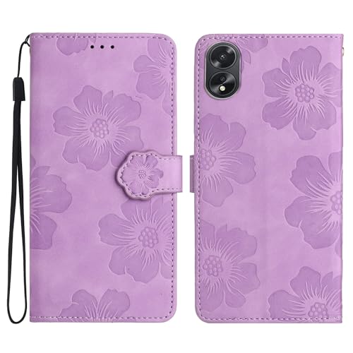 SUPWALL Wallet Case Compatible for Oppo A38/A18 with Card Holder | Flowers Case Wallet for Women and Girls with Wrist Strap | Embossed Floral Protective PU Leather Flip Case | Purple