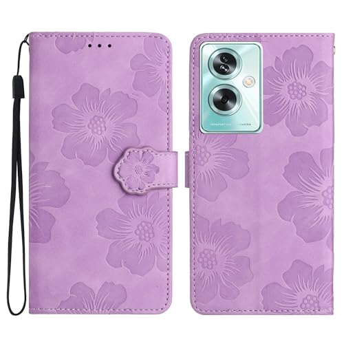 SUPWALL Wallet Case Compatible for Oppo A79 5G with Card Holder | Flowers Case Wallet for Women and Girls with Wrist Strap | Embossed Floral Protective PU Leather Flip Case | Purple